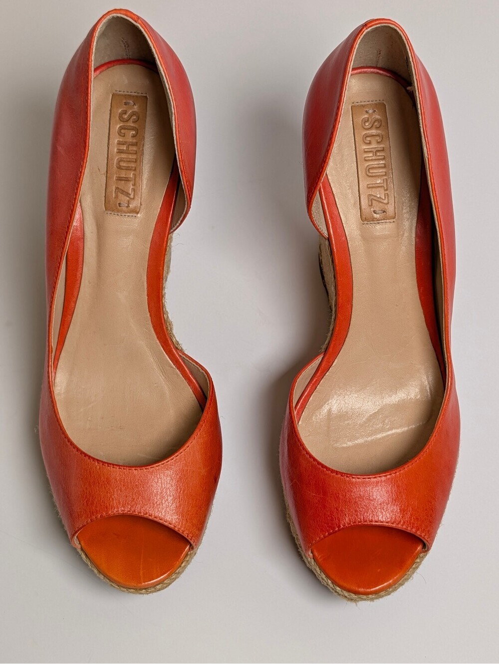 SCHUTZ | Orange Leather Espadrille Platform Peep Toe Wedge Sandals Size 9